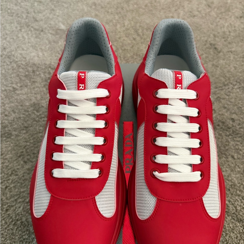 Prada Men’s America Cup Red and White Low-Top Sneakers